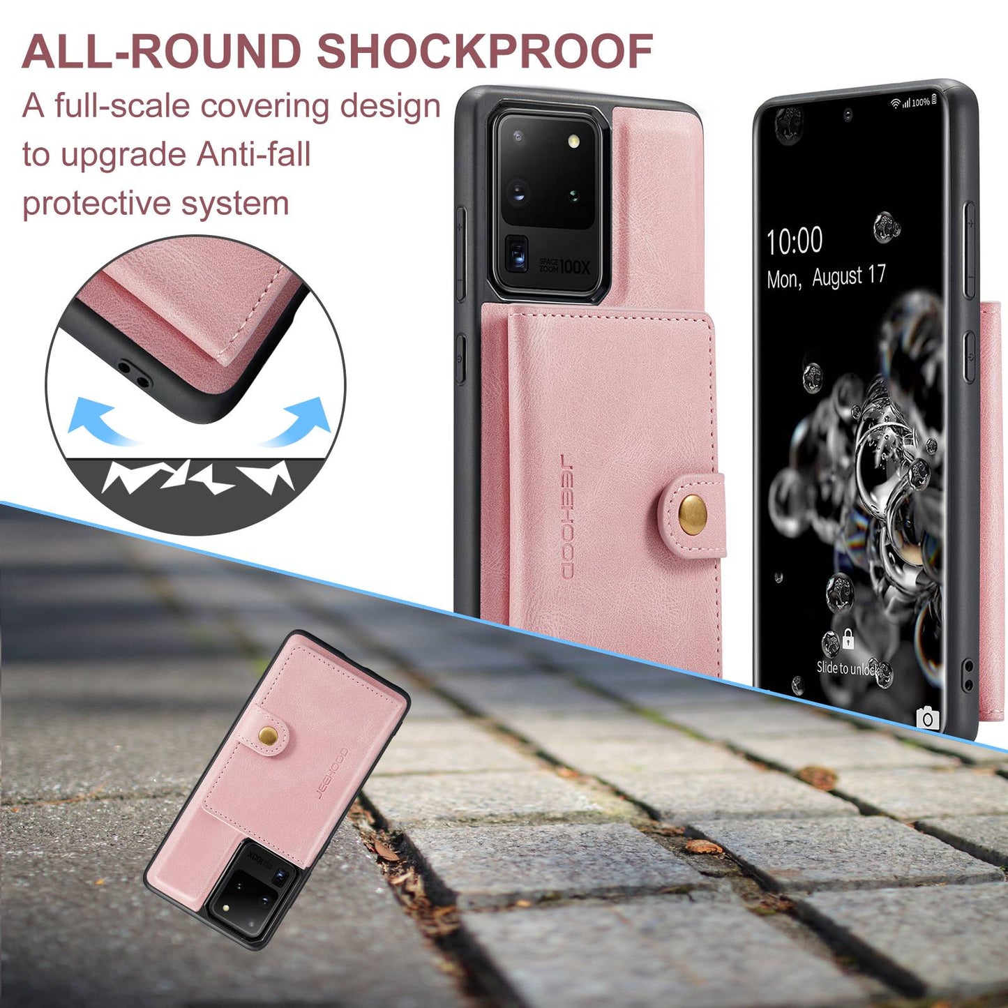 JEEHOOD For Samsung Galaxy S20 Ultra 4G/S20 Ultra 5G Detachable Phone Cover Wallet Kickstand Magnetic Leather Coated TPU Case - Rose Gold