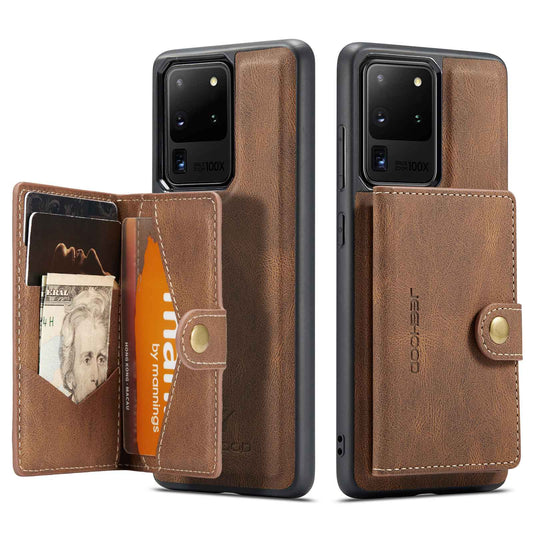 JEEHOOD For Samsung Galaxy S20 Ultra 4G/S20 Ultra 5G Detachable Phone Cover Wallet Kickstand Magnetic Leather Coated TPU Case - Brown