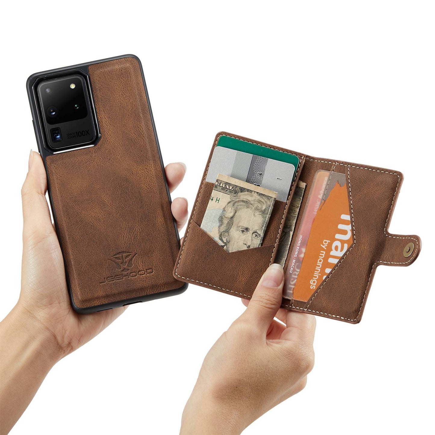 JEEHOOD For Samsung Galaxy S20 Ultra 4G/S20 Ultra 5G Detachable Phone Cover Wallet Kickstand Magnetic Leather Coated TPU Case - Brown