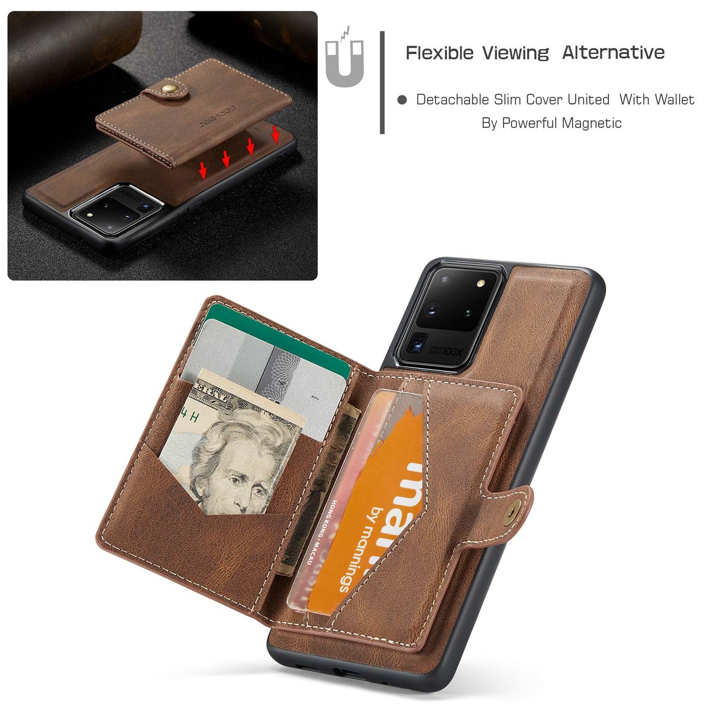 JEEHOOD For Samsung Galaxy S20 Ultra 4G/S20 Ultra 5G Detachable Phone Cover Wallet Kickstand Magnetic Leather Coated TPU Case - Brown