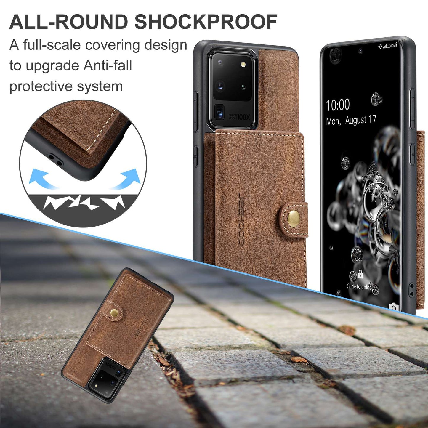 JEEHOOD For Samsung Galaxy S20 Ultra 4G/S20 Ultra 5G Detachable Phone Cover Wallet Kickstand Magnetic Leather Coated TPU Case - Brown