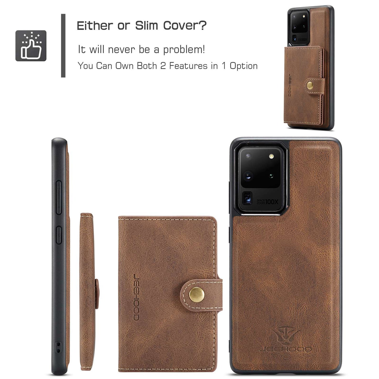 JEEHOOD For Samsung Galaxy S20 Ultra 4G/S20 Ultra 5G Detachable Phone Cover Wallet Kickstand Magnetic Leather Coated TPU Case - Brown