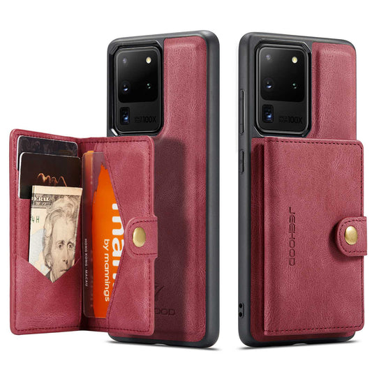 JEEHOOD For Samsung Galaxy S20 Ultra 4G/S20 Ultra 5G Detachable Phone Cover Wallet Kickstand Magnetic Leather Coated TPU Case - Red
