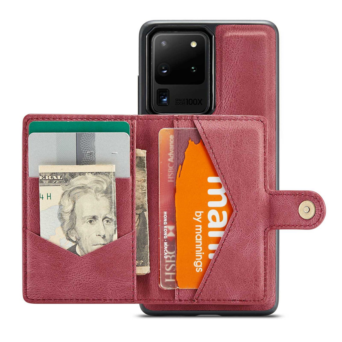 JEEHOOD For Samsung Galaxy S20 Ultra 4G/S20 Ultra 5G Detachable Phone Cover Wallet Kickstand Magnetic Leather Coated TPU Case - Red