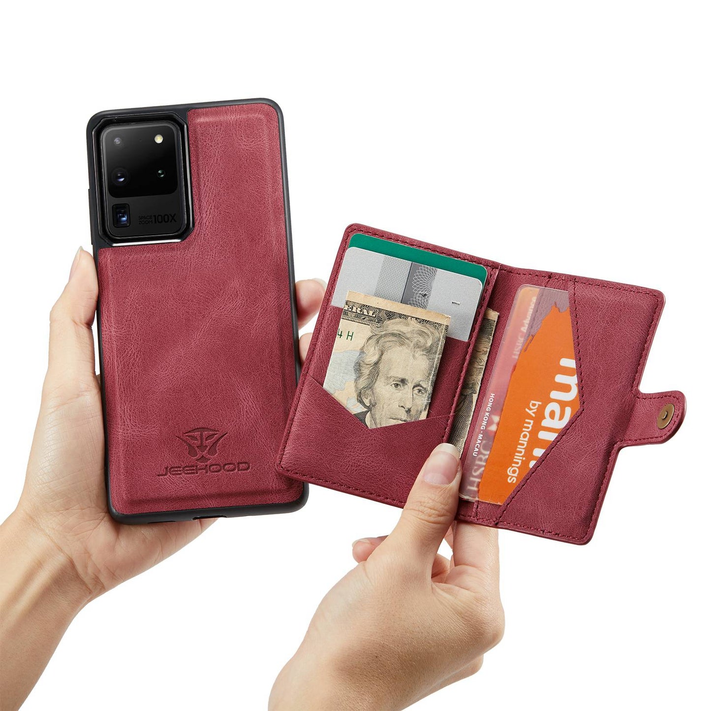 JEEHOOD For Samsung Galaxy S20 Ultra 4G/S20 Ultra 5G Detachable Phone Cover Wallet Kickstand Magnetic Leather Coated TPU Case - Red
