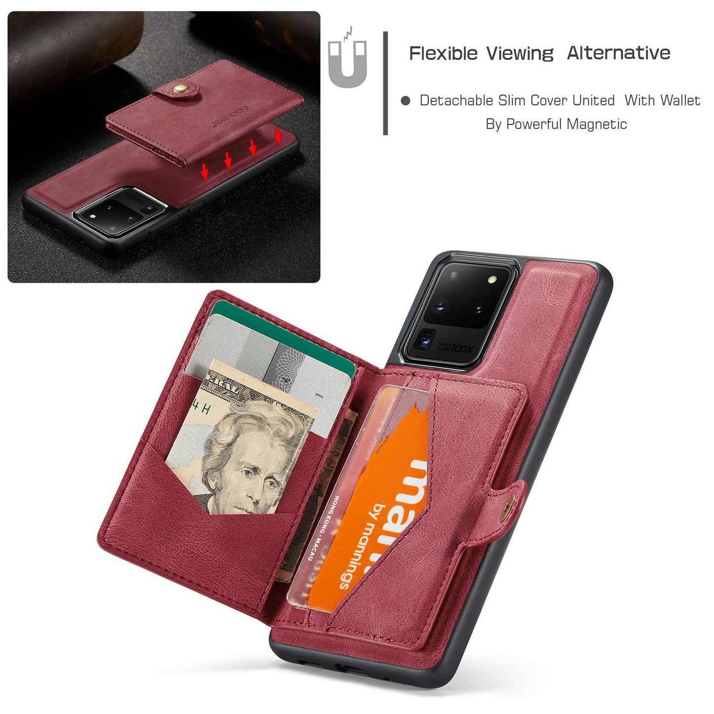 JEEHOOD For Samsung Galaxy S20 Ultra 4G/S20 Ultra 5G Detachable Phone Cover Wallet Kickstand Magnetic Leather Coated TPU Case - Red