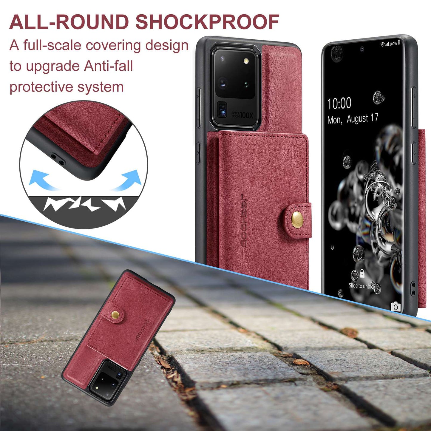 JEEHOOD For Samsung Galaxy S20 Ultra 4G/S20 Ultra 5G Detachable Phone Cover Wallet Kickstand Magnetic Leather Coated TPU Case - Red