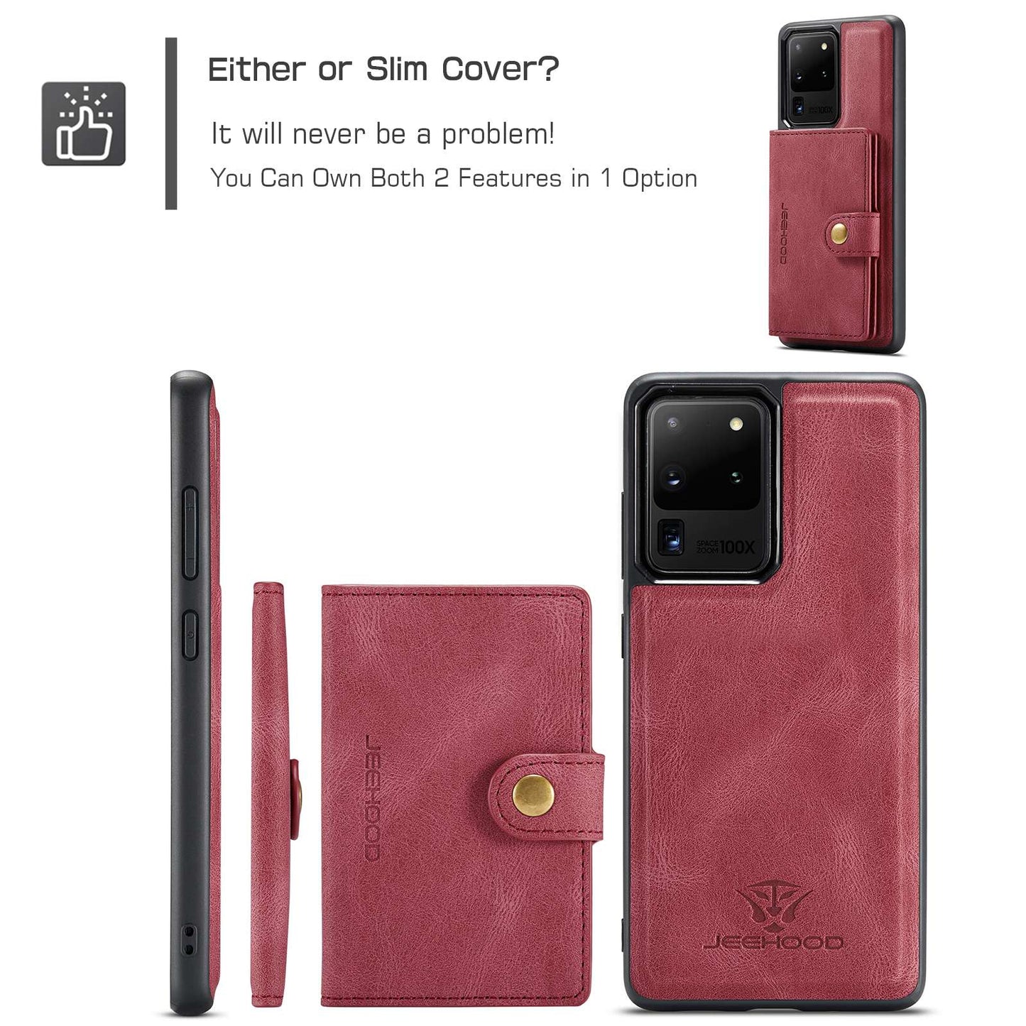 JEEHOOD For Samsung Galaxy S20 Ultra 4G/S20 Ultra 5G Detachable Phone Cover Wallet Kickstand Magnetic Leather Coated TPU Case - Red