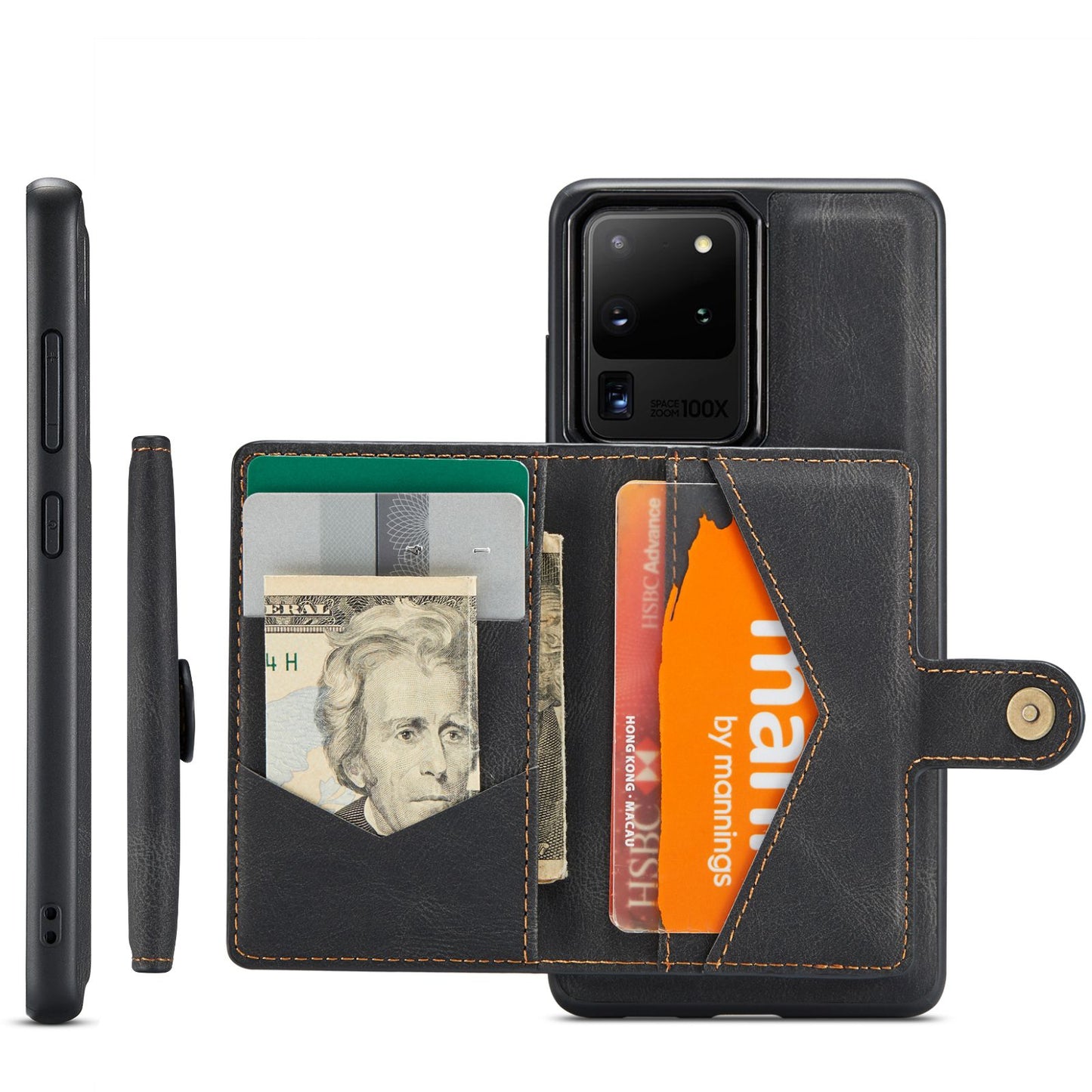 JEEHOOD For Samsung Galaxy S20 Ultra 4G/S20 Ultra 5G Detachable Phone Cover Wallet Kickstand Magnetic Leather Coated TPU Case - Black