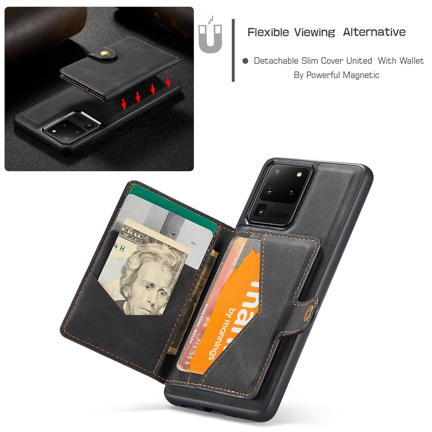 JEEHOOD For Samsung Galaxy S20 Ultra 4G/S20 Ultra 5G Detachable Phone Cover Wallet Kickstand Magnetic Leather Coated TPU Case - Black