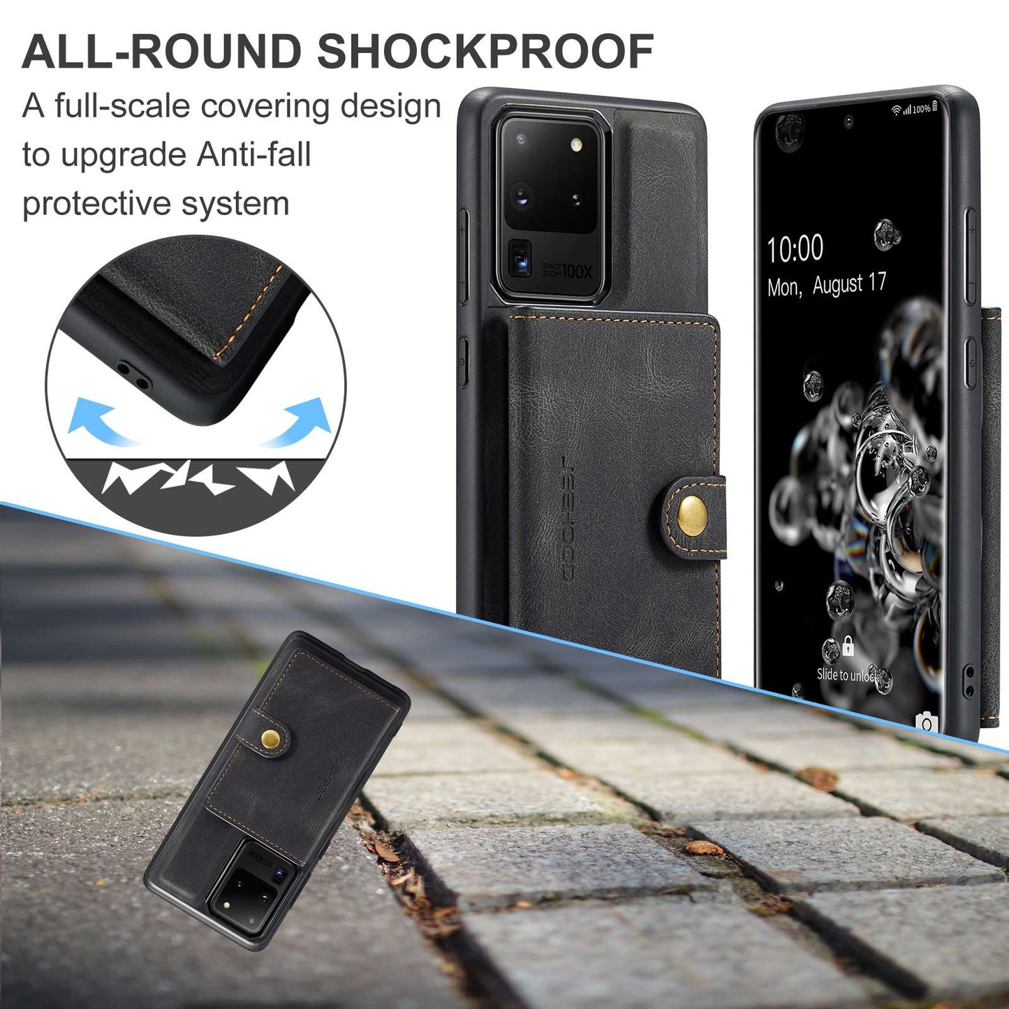 JEEHOOD For Samsung Galaxy S20 Ultra 4G/S20 Ultra 5G Detachable Phone Cover Wallet Kickstand Magnetic Leather Coated TPU Case - Black