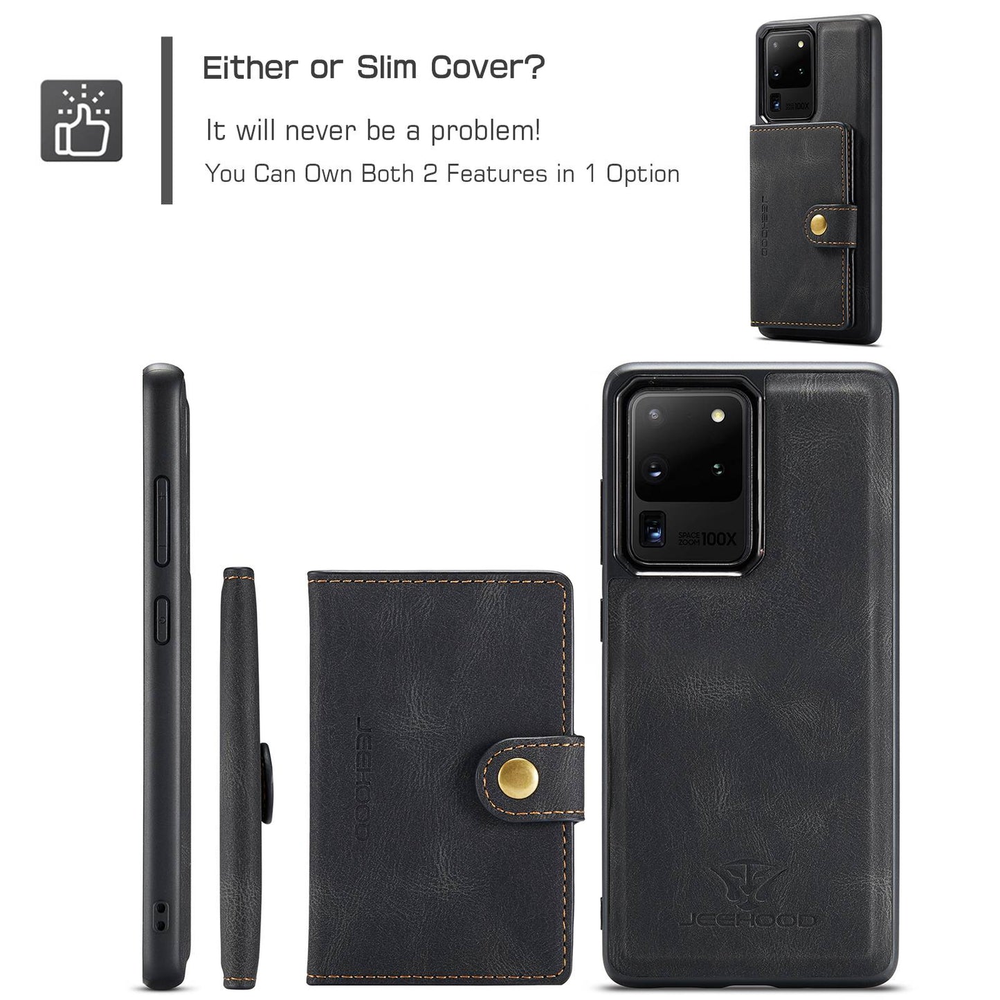 JEEHOOD For Samsung Galaxy S20 Ultra 4G/S20 Ultra 5G Detachable Phone Cover Wallet Kickstand Magnetic Leather Coated TPU Case - Black