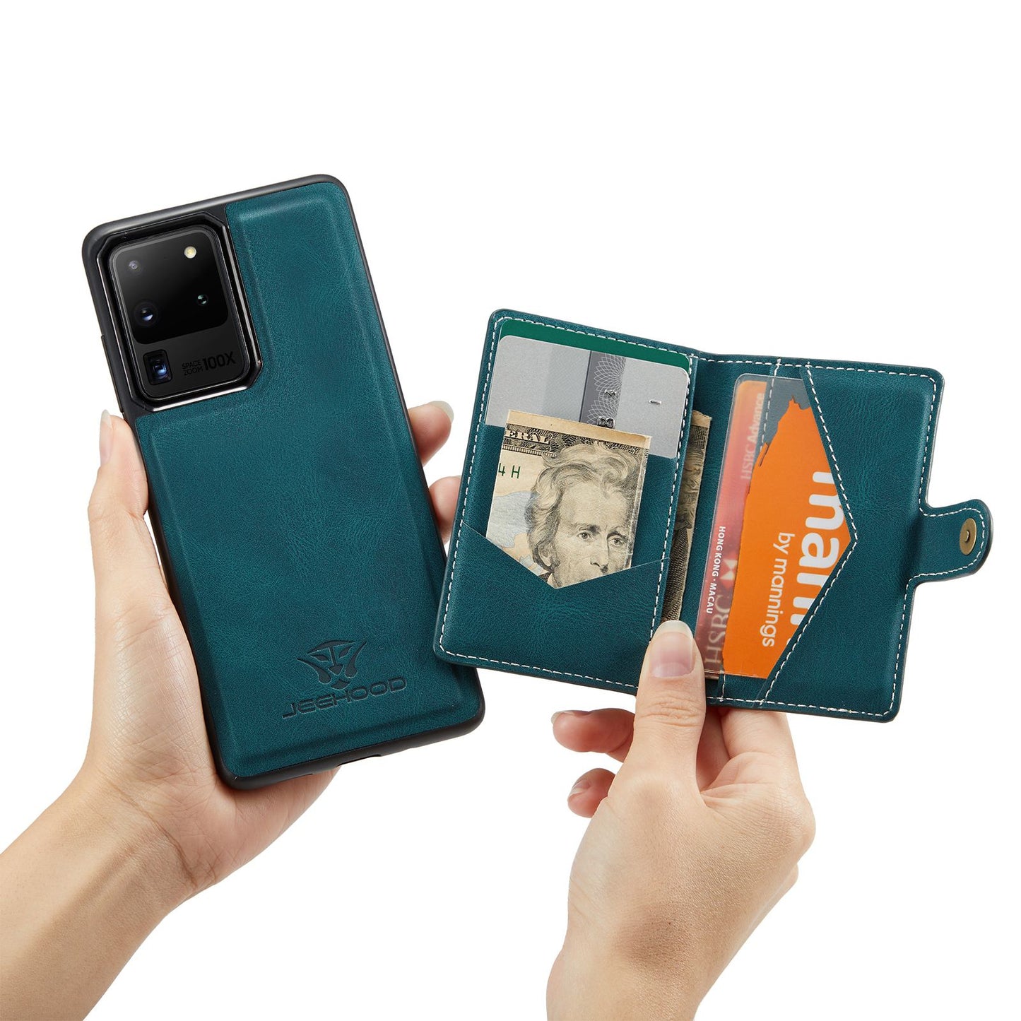 JEEHOOD For Samsung Galaxy S20 Ultra 4G/S20 Ultra 5G Detachable Phone Cover Wallet Kickstand Magnetic Leather Coated TPU Case - Green