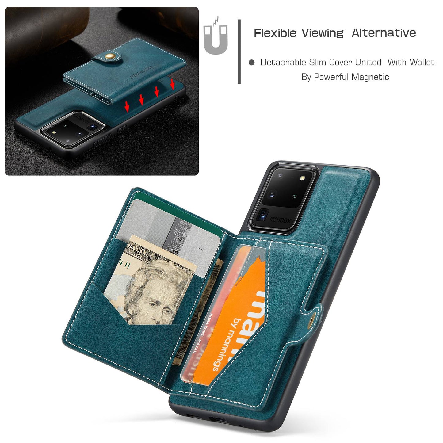 JEEHOOD For Samsung Galaxy S20 Ultra 4G/S20 Ultra 5G Detachable Phone Cover Wallet Kickstand Magnetic Leather Coated TPU Case - Green