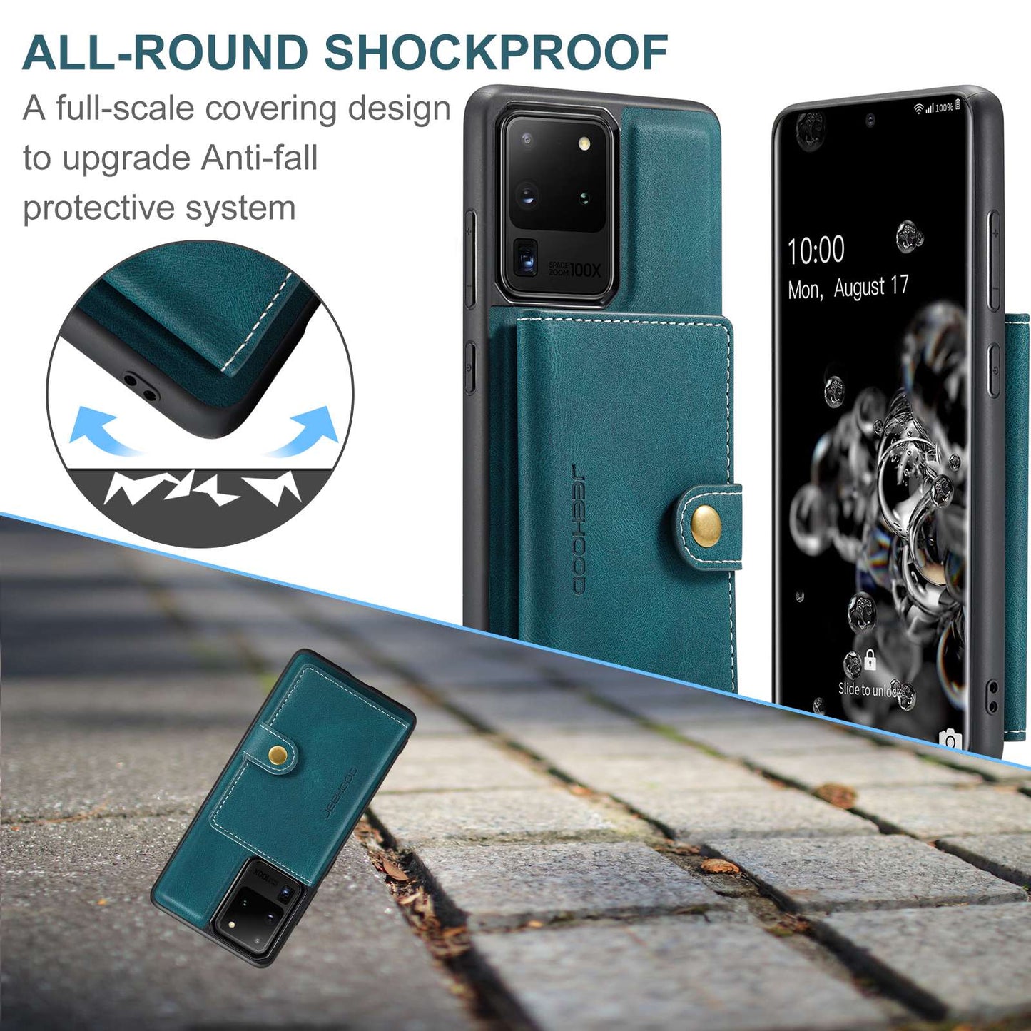 JEEHOOD For Samsung Galaxy S20 Ultra 4G/S20 Ultra 5G Detachable Phone Cover Wallet Kickstand Magnetic Leather Coated TPU Case - Green