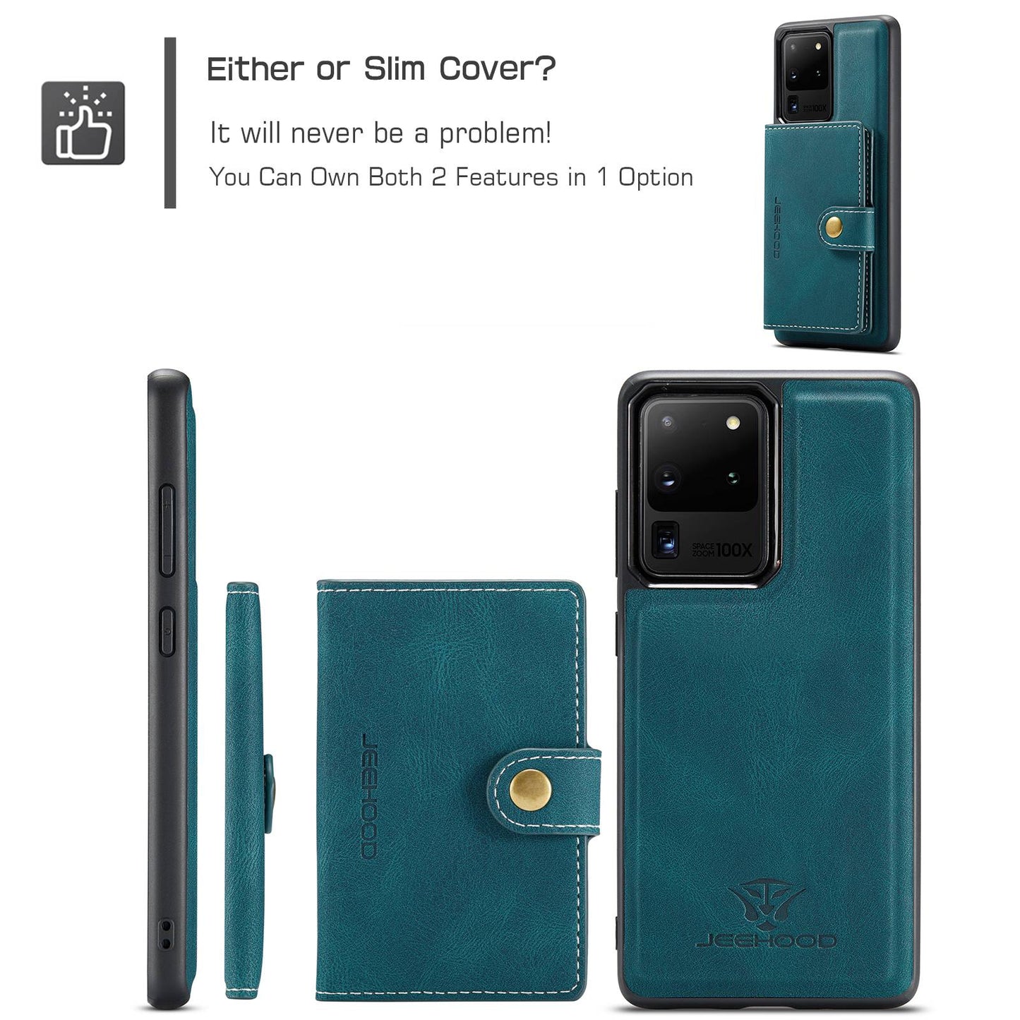JEEHOOD For Samsung Galaxy S20 Ultra 4G/S20 Ultra 5G Detachable Phone Cover Wallet Kickstand Magnetic Leather Coated TPU Case - Green