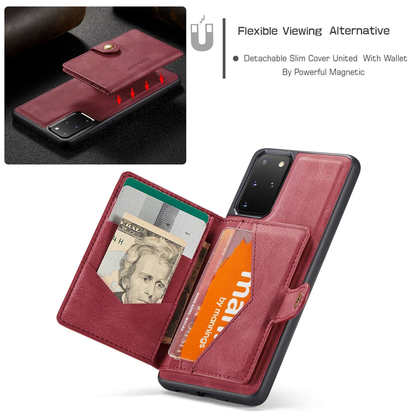 JEEHOOD For Samsung Galaxy S20 Plus 4G/S20 Plus 5G Detachable 2-in-1 Phone Cover PU Leather Coated TPU Wallet Kickstand Case - Red