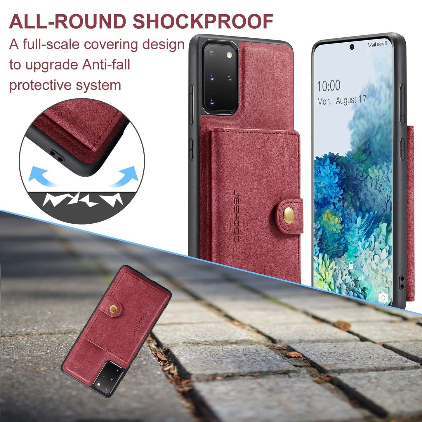 JEEHOOD For Samsung Galaxy S20 Plus 4G/S20 Plus 5G Detachable 2-in-1 Phone Cover PU Leather Coated TPU Wallet Kickstand Case - Red