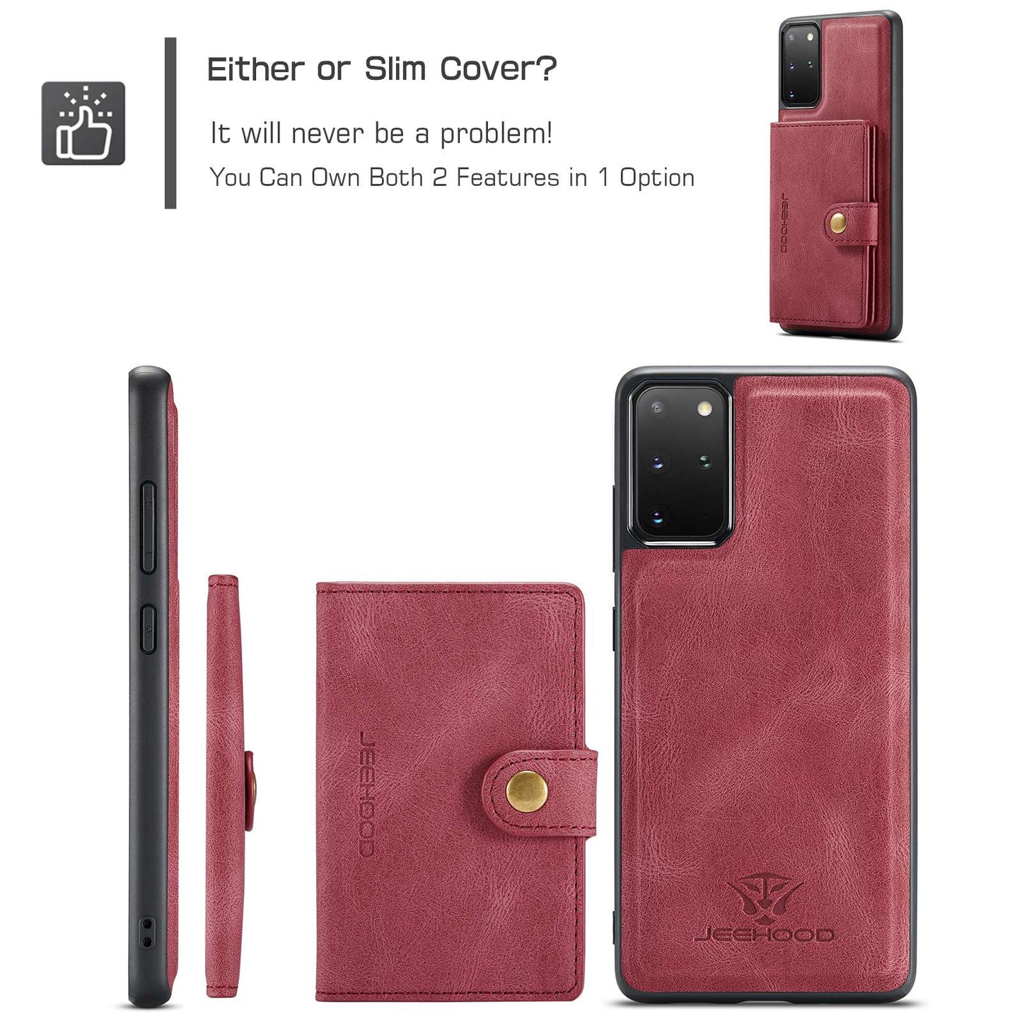 JEEHOOD For Samsung Galaxy S20 Plus 4G/S20 Plus 5G Detachable 2-in-1 Phone Cover PU Leather Coated TPU Wallet Kickstand Case - Red