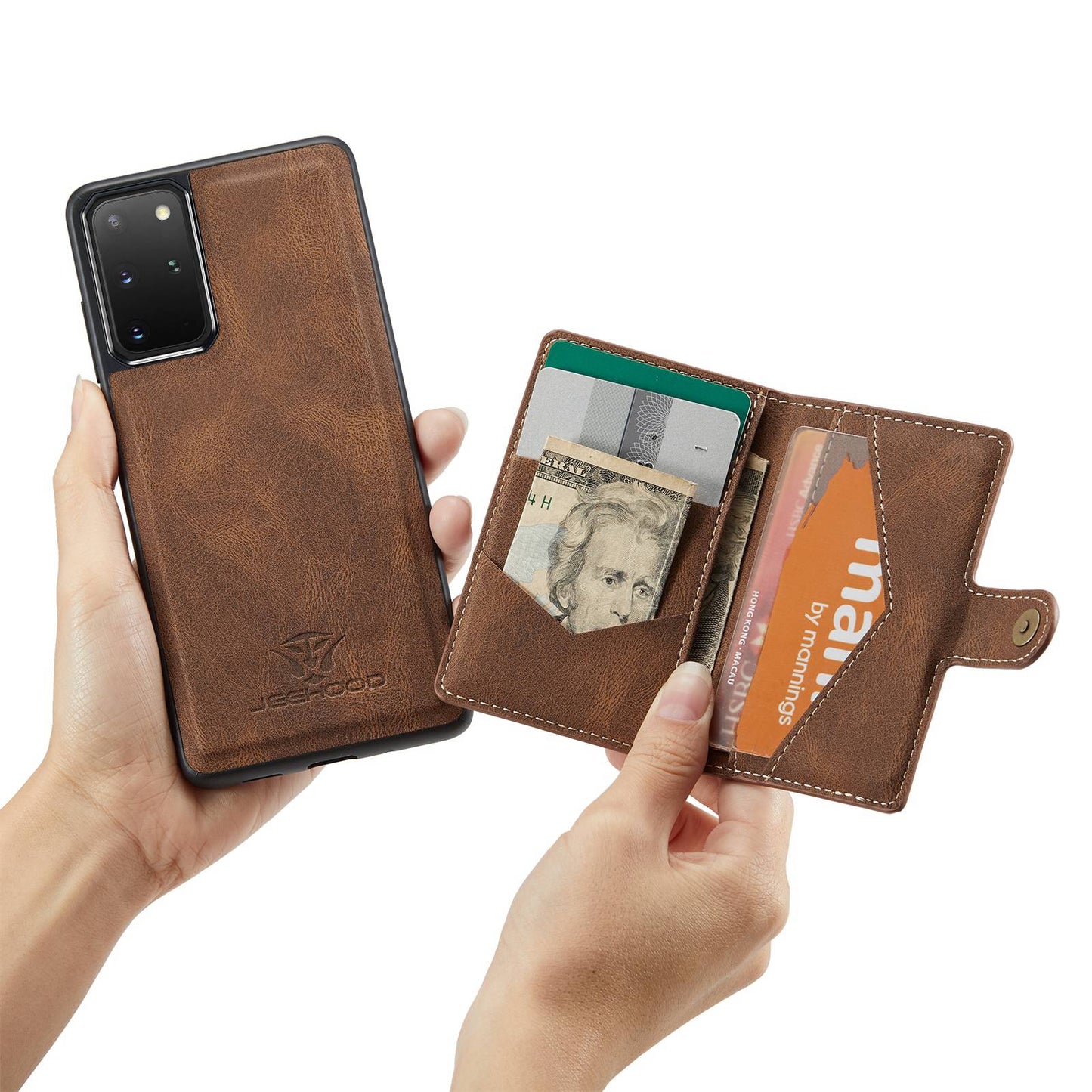 JEEHOOD For Samsung Galaxy S20 Plus 4G/S20 Plus 5G Detachable 2-in-1 Phone Cover PU Leather Coated TPU Wallet Kickstand Case - Brown