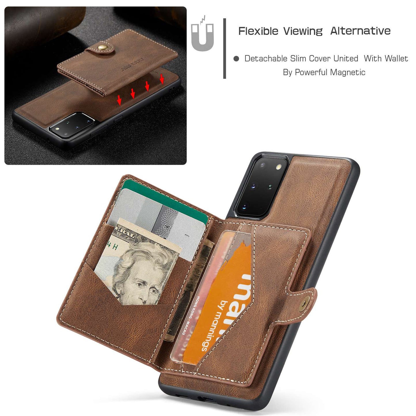 JEEHOOD For Samsung Galaxy S20 Plus 4G/S20 Plus 5G Detachable 2-in-1 Phone Cover PU Leather Coated TPU Wallet Kickstand Case - Brown