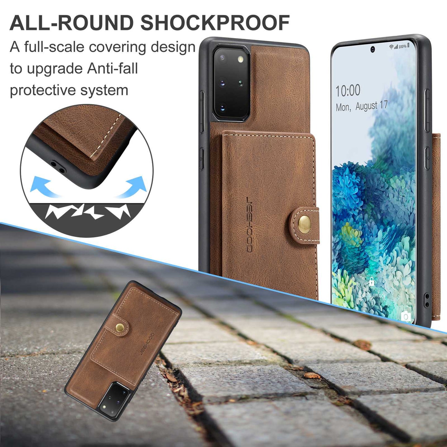 JEEHOOD For Samsung Galaxy S20 Plus 4G/S20 Plus 5G Detachable 2-in-1 Phone Cover PU Leather Coated TPU Wallet Kickstand Case - Brown