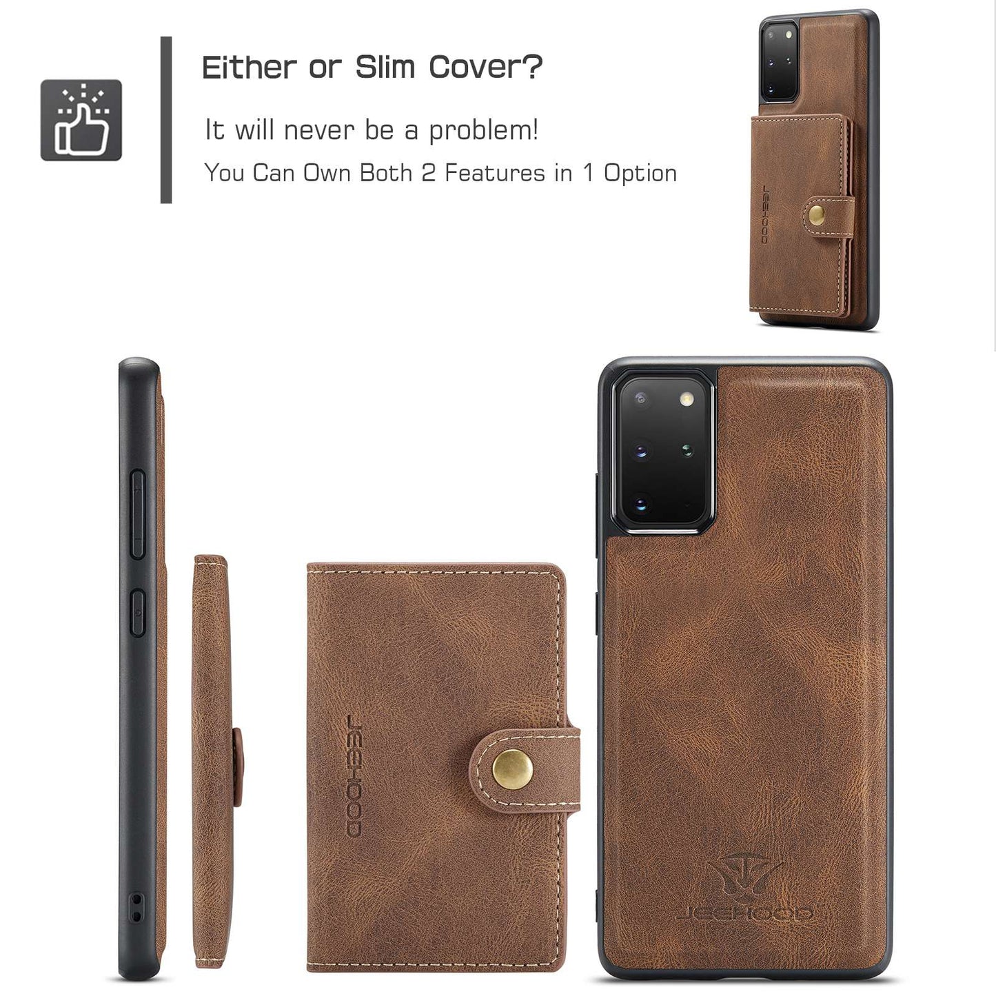 JEEHOOD For Samsung Galaxy S20 Plus 4G/S20 Plus 5G Detachable 2-in-1 Phone Cover PU Leather Coated TPU Wallet Kickstand Case - Brown