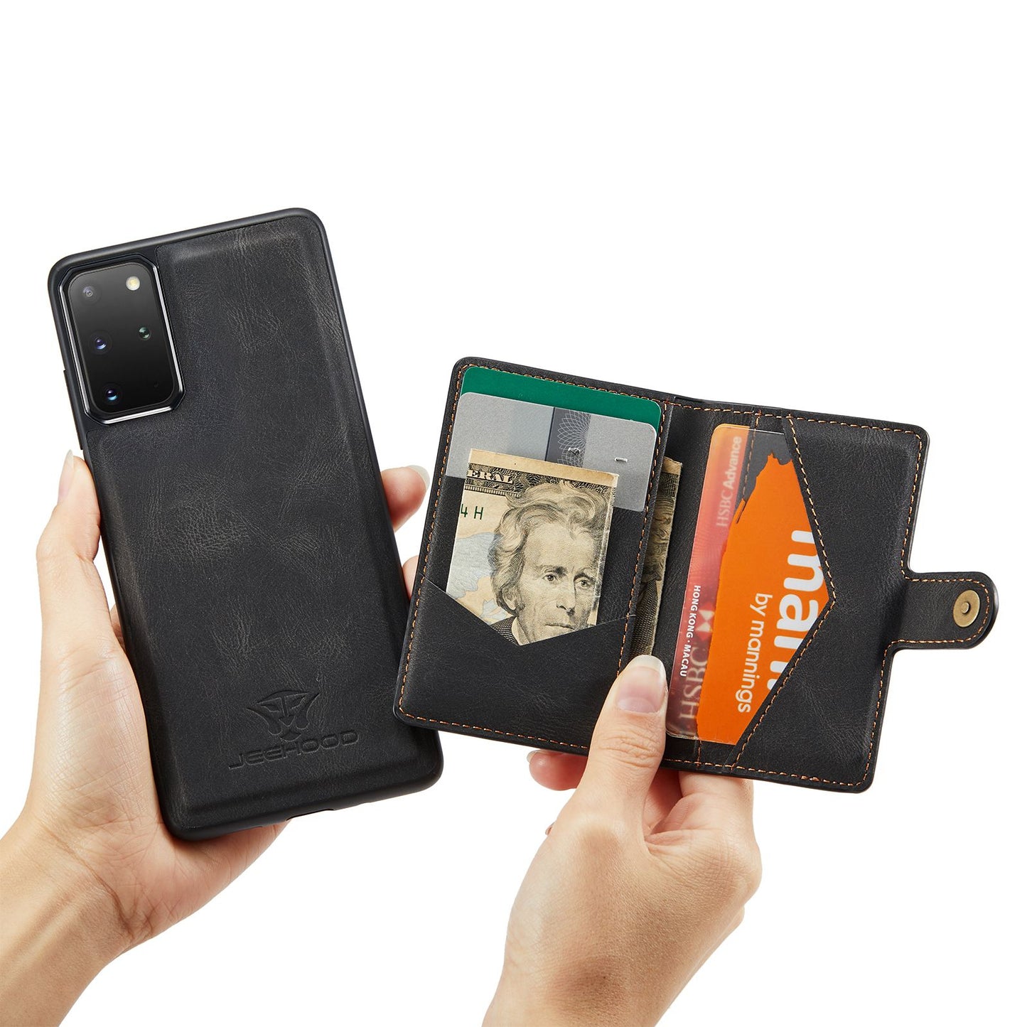JEEHOOD For Samsung Galaxy S20 Plus 4G/S20 Plus 5G Detachable 2-in-1 Phone Cover PU Leather Coated TPU Wallet Kickstand Case - Black