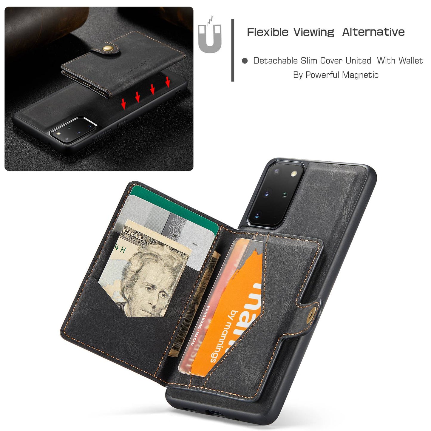 JEEHOOD For Samsung Galaxy S20 Plus 4G/S20 Plus 5G Detachable 2-in-1 Phone Cover PU Leather Coated TPU Wallet Kickstand Case - Black