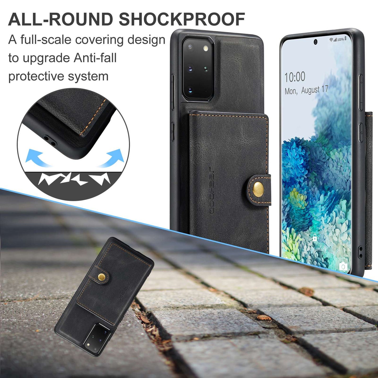 JEEHOOD For Samsung Galaxy S20 Plus 4G/S20 Plus 5G Detachable 2-in-1 Phone Cover PU Leather Coated TPU Wallet Kickstand Case - Black