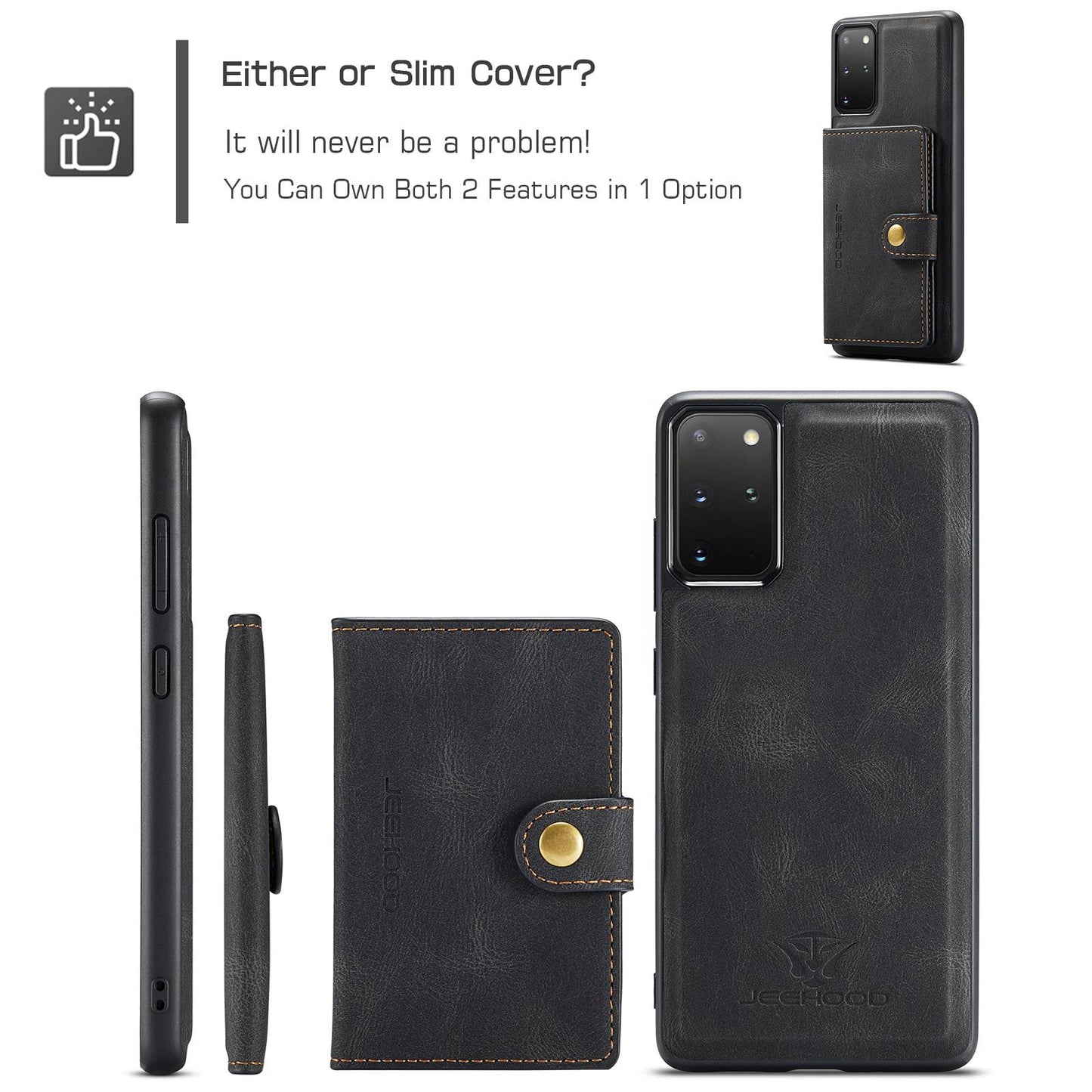 JEEHOOD For Samsung Galaxy S20 Plus 4G/S20 Plus 5G Detachable 2-in-1 Phone Cover PU Leather Coated TPU Wallet Kickstand Case - Black