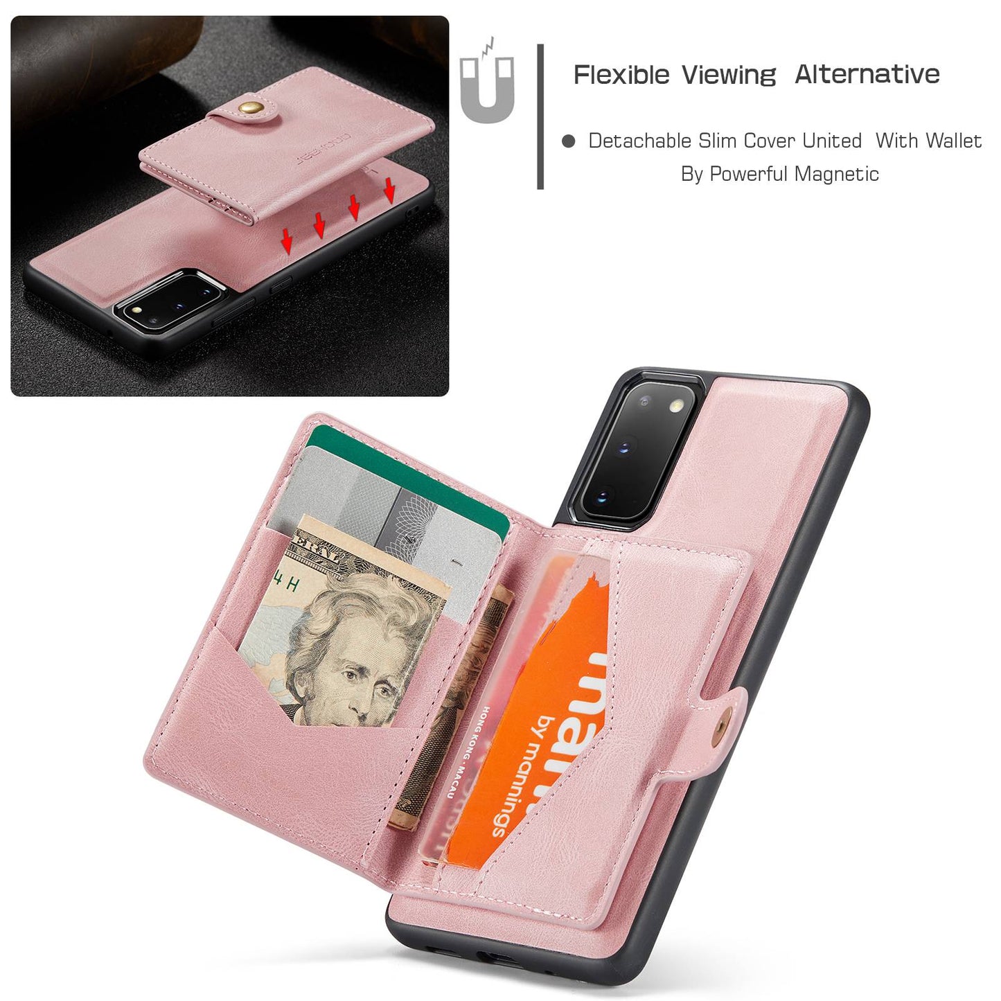 JEEHOOD For Samsung Galaxy S20 4G/5G Detachable Wallet Kickstand Case PU Leather Coated TPU Well-protected Phone Shell - Rose Gold