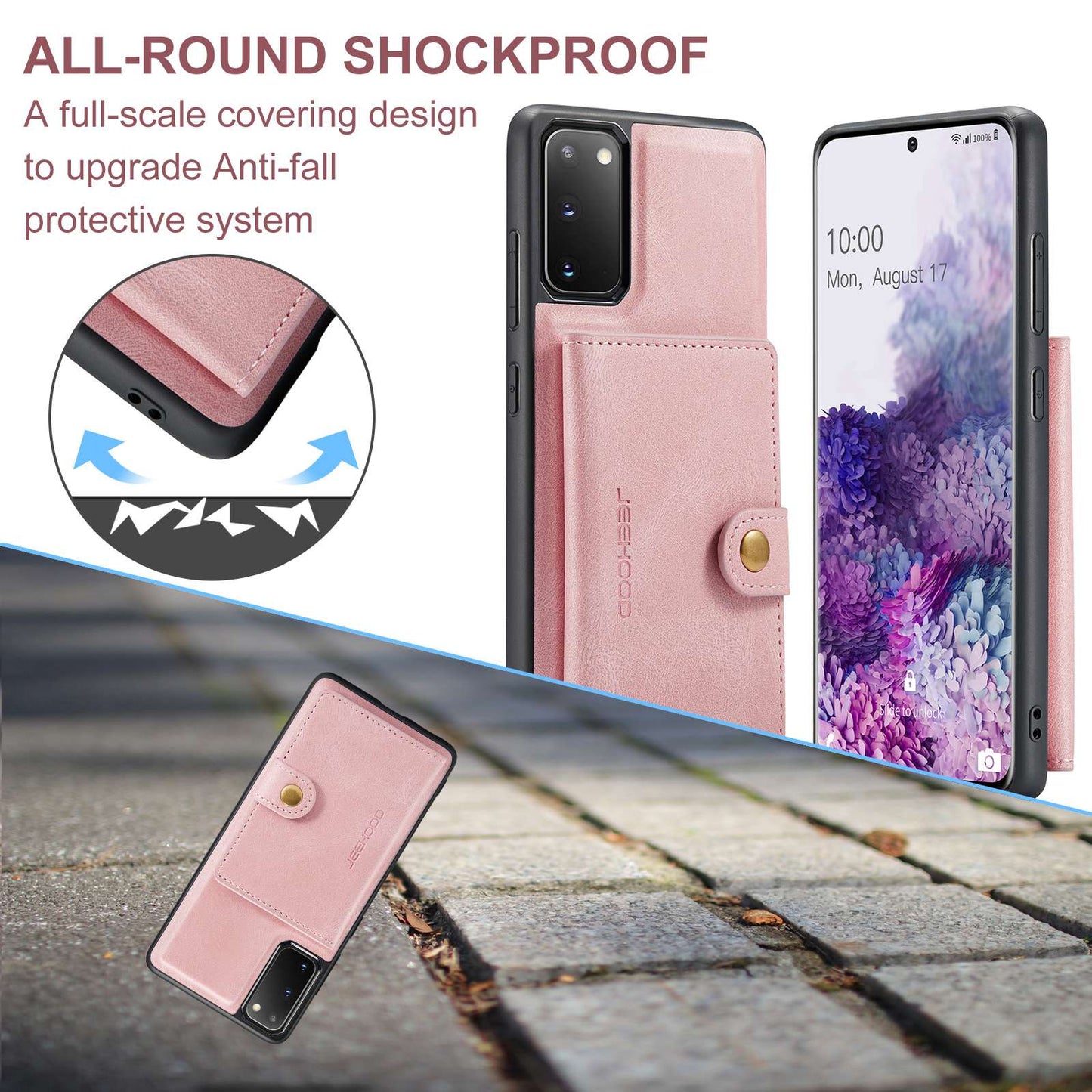 JEEHOOD For Samsung Galaxy S20 4G/5G Detachable Wallet Kickstand Case PU Leather Coated TPU Well-protected Phone Shell - Rose Gold