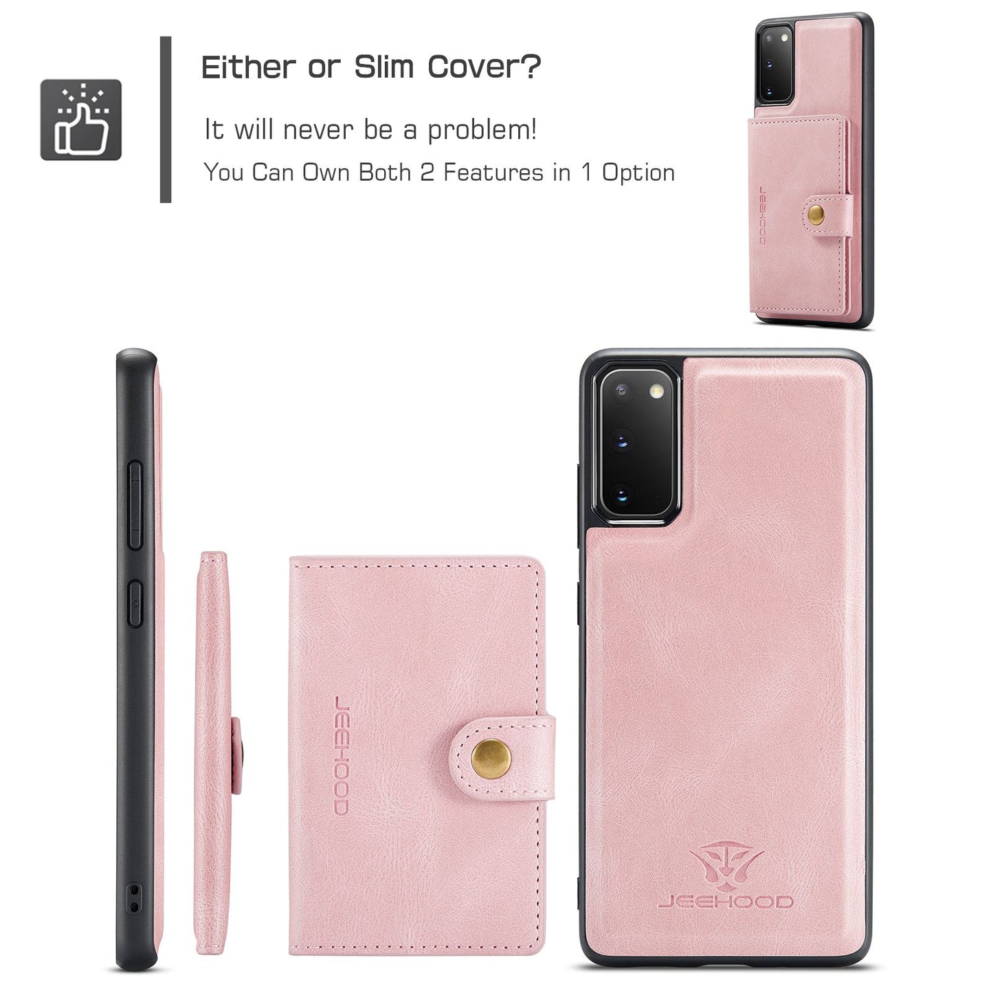 JEEHOOD For Samsung Galaxy S20 4G/5G Detachable Wallet Kickstand Case PU Leather Coated TPU Well-protected Phone Shell - Rose Gold