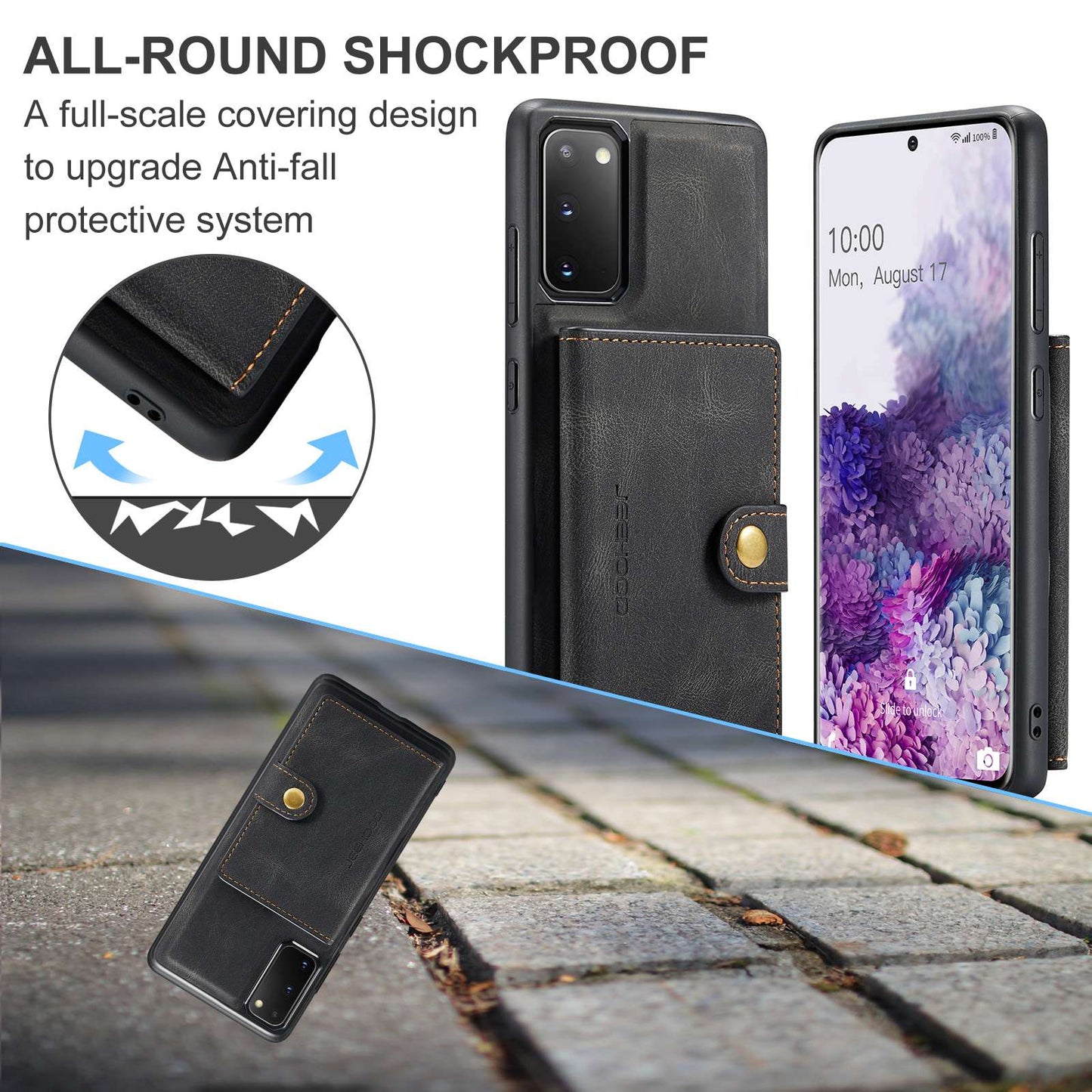 JEEHOOD For Samsung Galaxy S20 4G/5G Detachable Wallet Kickstand Case PU Leather Coated TPU Well-protected Phone Shell - Black