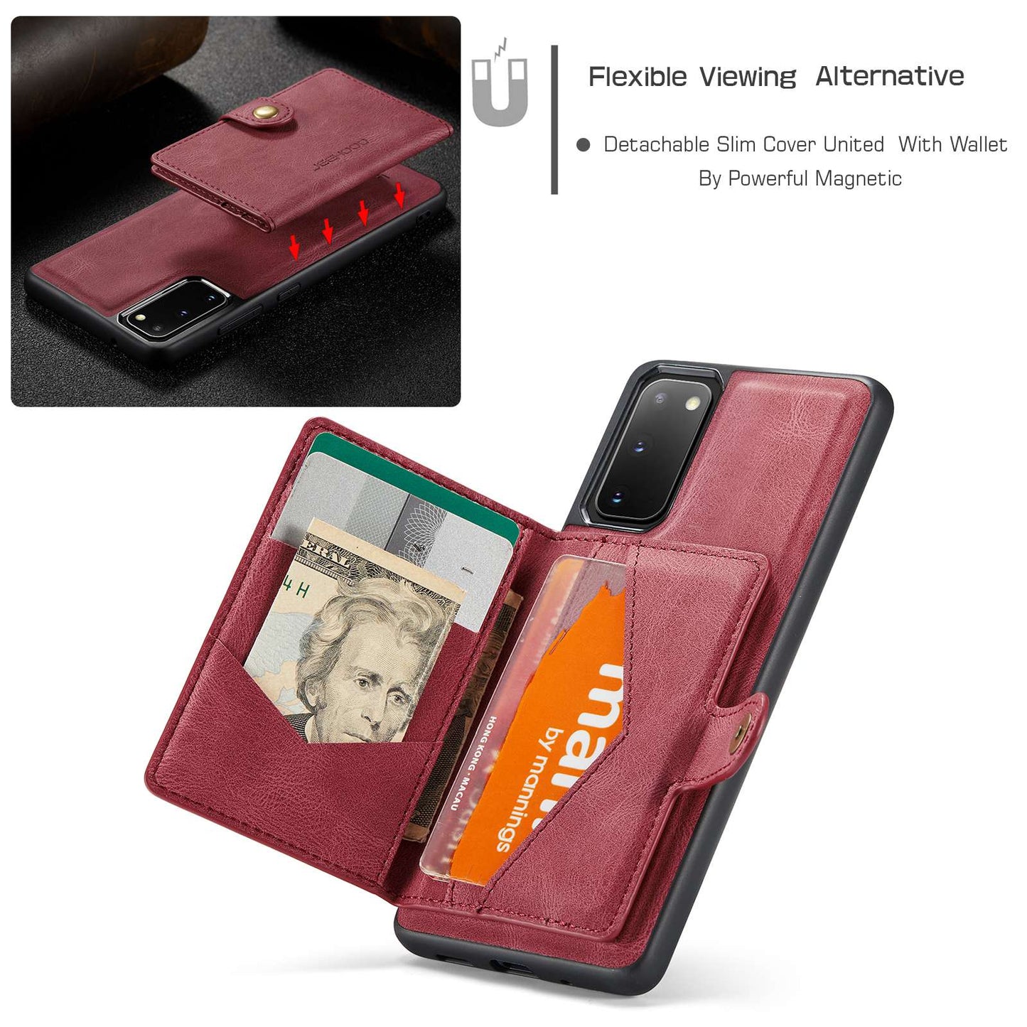 JEEHOOD For Samsung Galaxy S20 4G/5G Detachable Wallet Kickstand Case PU Leather Coated TPU Well-protected Phone Shell - Red