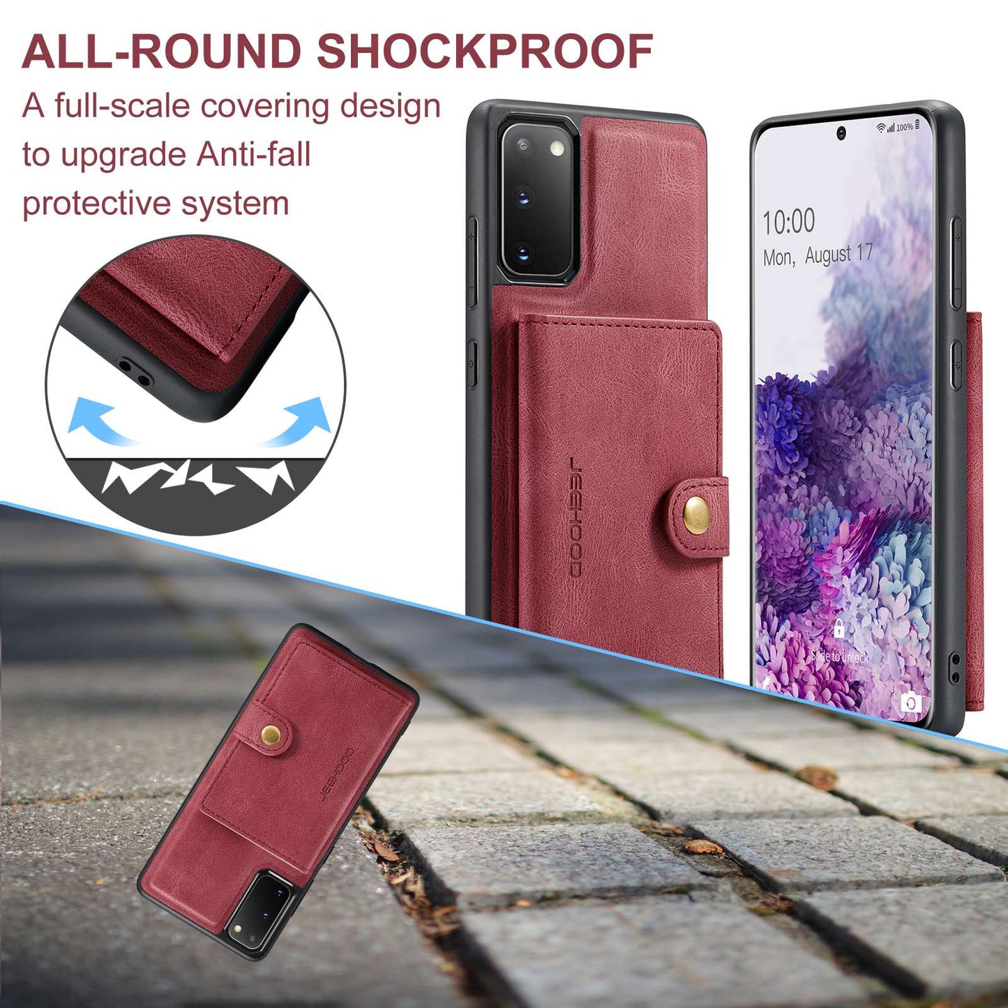 JEEHOOD For Samsung Galaxy S20 4G/5G Detachable Wallet Kickstand Case PU Leather Coated TPU Well-protected Phone Shell - Red