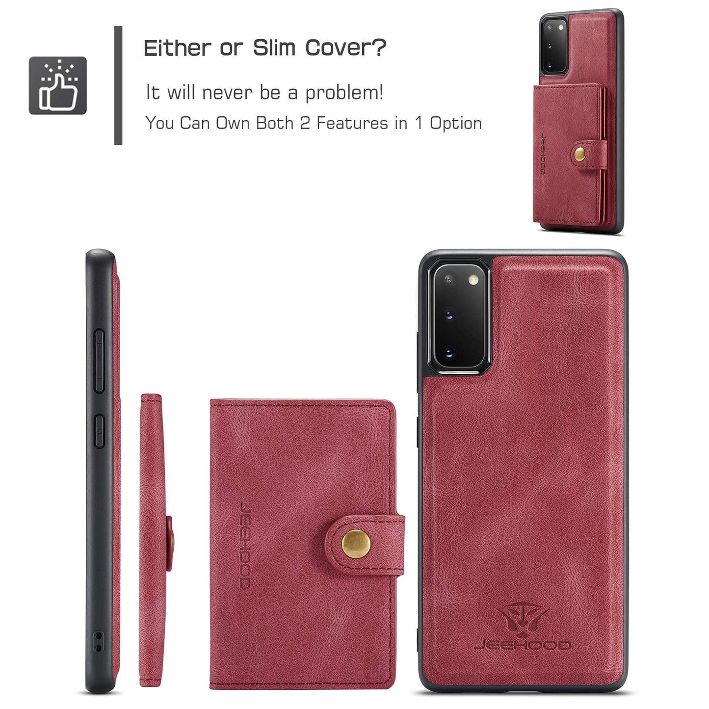JEEHOOD For Samsung Galaxy S20 4G/5G Detachable Wallet Kickstand Case PU Leather Coated TPU Well-protected Phone Shell - Red