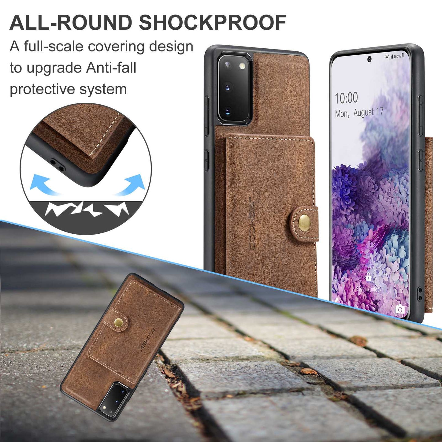 JEEHOOD For Samsung Galaxy S20 4G/5G Detachable Wallet Kickstand Case PU Leather Coated TPU Well-protected Phone Shell - Brown