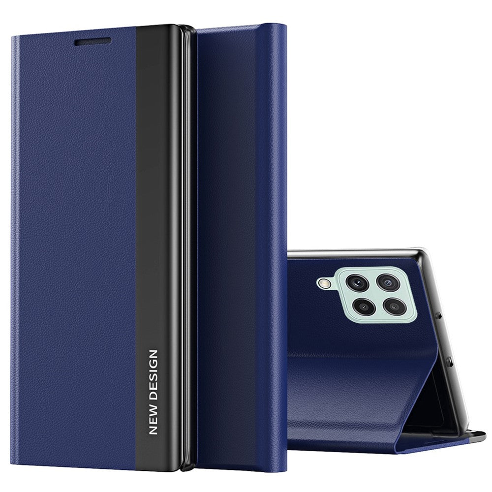 For Samsung Galaxy M33 5G (Global Version) Electroplating PU Leather Stand Case Auto Absorption All-round Protection Phone Cover - Sapphire