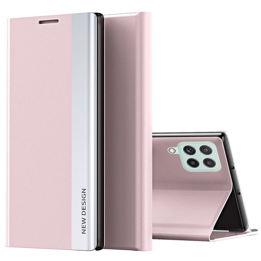 For Samsung Galaxy M33 5G (Global Version) Electroplating PU Leather Stand Case Auto Absorption All-round Protection Phone Cover - Pink