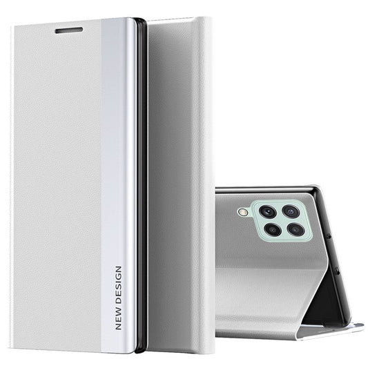 For Samsung Galaxy M33 5G (Global Version) Electroplating PU Leather Stand Case Auto Absorption All-round Protection Phone Cover - White