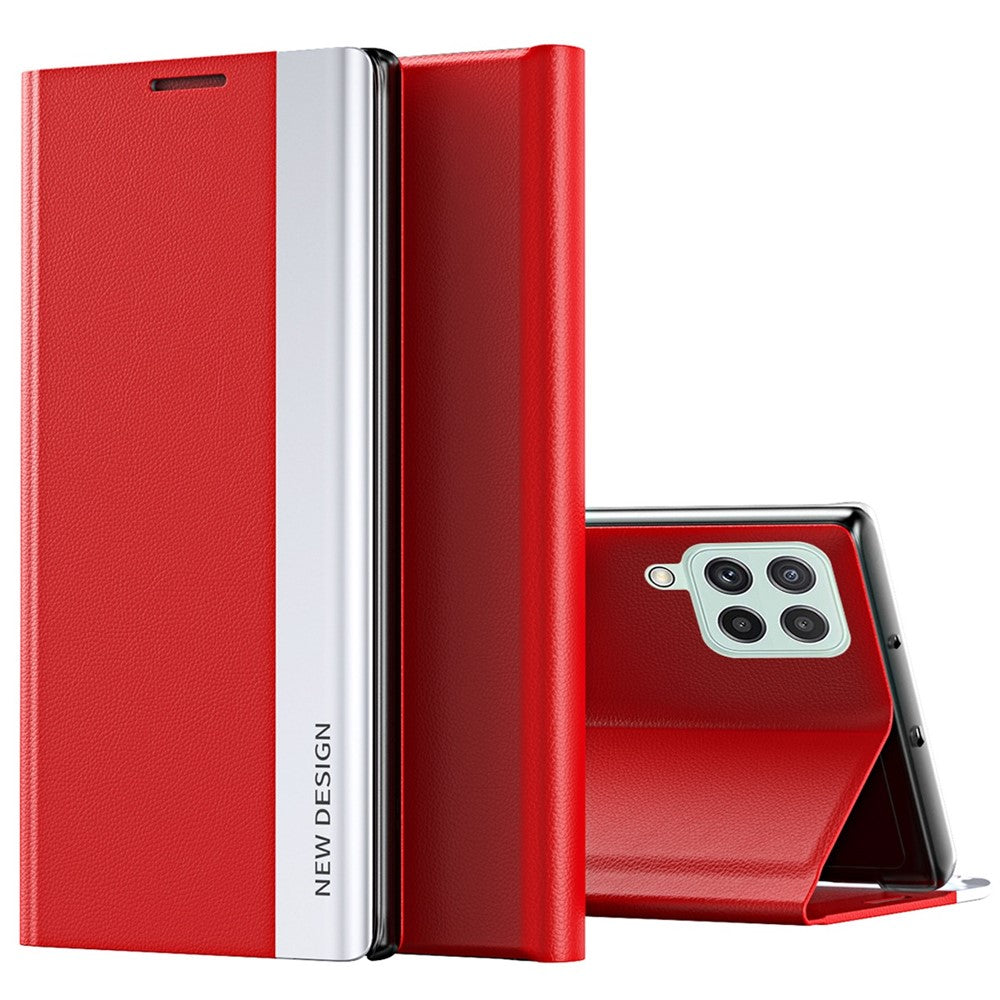 For Samsung Galaxy M33 5G (Global Version) Electroplating PU Leather Stand Case Auto Absorption All-round Protection Phone Cover - Red