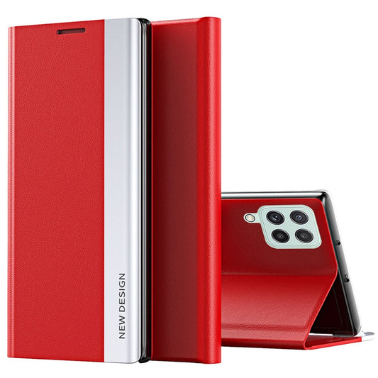 For Samsung Galaxy M33 5G (Global Version) Electroplating PU Leather Stand Case Auto Absorption All-round Protection Phone Cover - Red