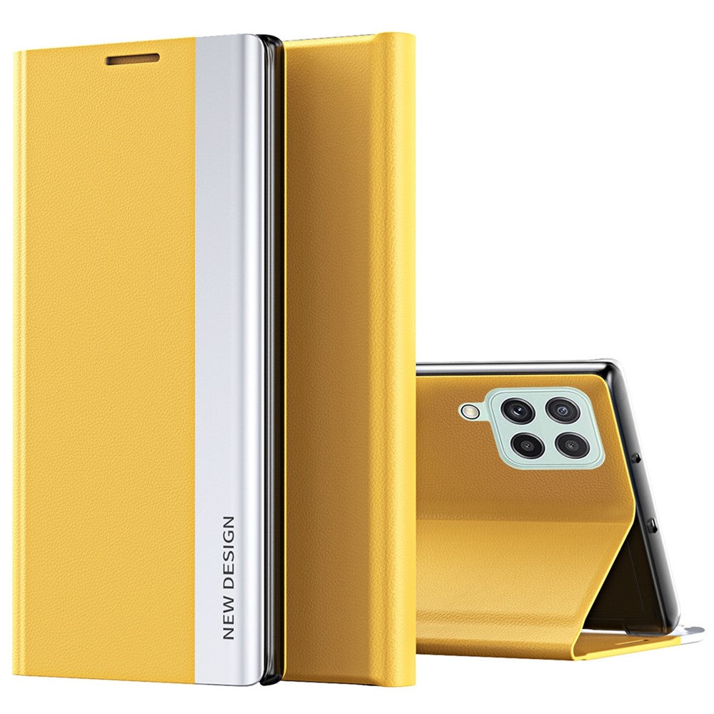 For Samsung Galaxy M33 5G (Global Version) Electroplating PU Leather Stand Case Auto Absorption All-round Protection Phone Cover - Yellow