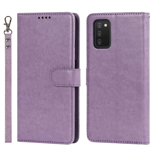For Samsung Galaxy A03s (166.5 x 75.98 x 9.14mm) R61 Texture Felled Seam Wallet Folio Case PU Leather Wrist Strap Magnetic Closure Stand Phone Cover - Purple