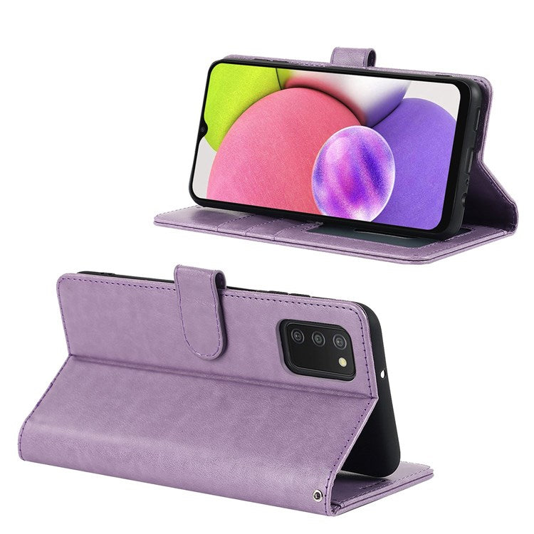 For Samsung Galaxy A03s (166.5 x 75.98 x 9.14mm) R61 Texture Felled Seam Wallet Folio Case PU Leather Wrist Strap Magnetic Closure Stand Phone Cover - Purple