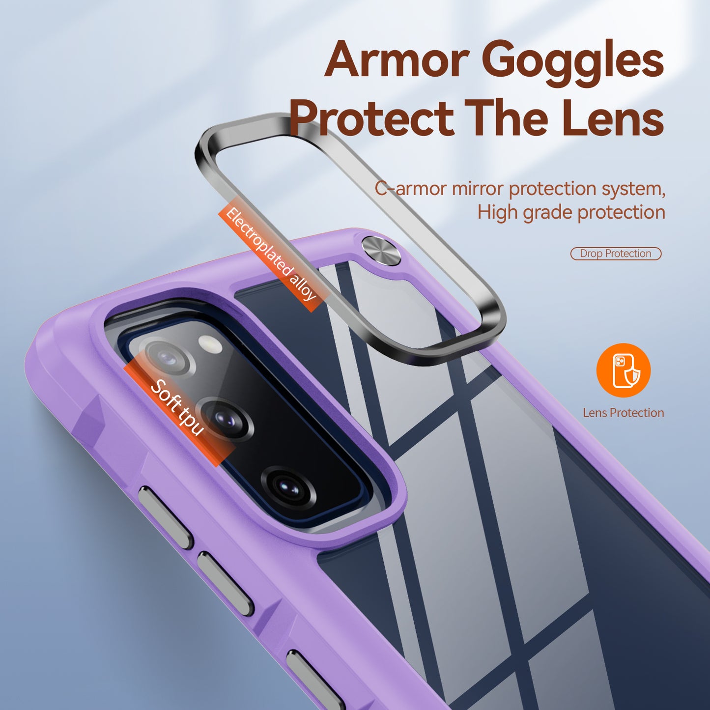 Shockproof Phone Case for Samsung Galaxy S20 FE 2022/S20 FE 4G/5G/S20 Lite, Full Body Protection PC+TPU Hybrid Phone Shell Case with Strap - Purple/Black