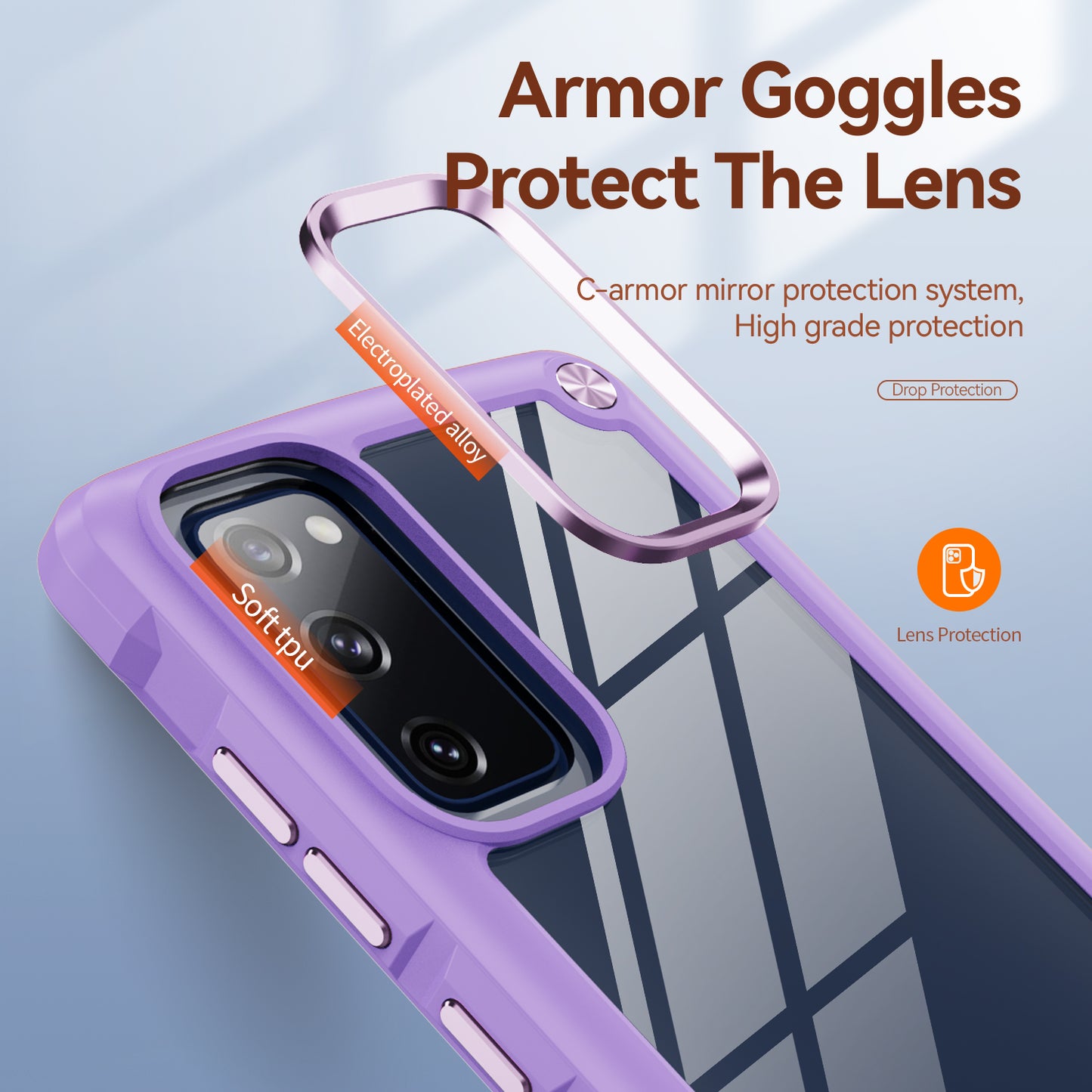 Shockproof Phone Case for Samsung Galaxy S20 FE 2022/S20 FE 4G/5G/S20 Lite, Full Body Protection PC+TPU Hybrid Phone Shell Case with Strap - Purple/Purple