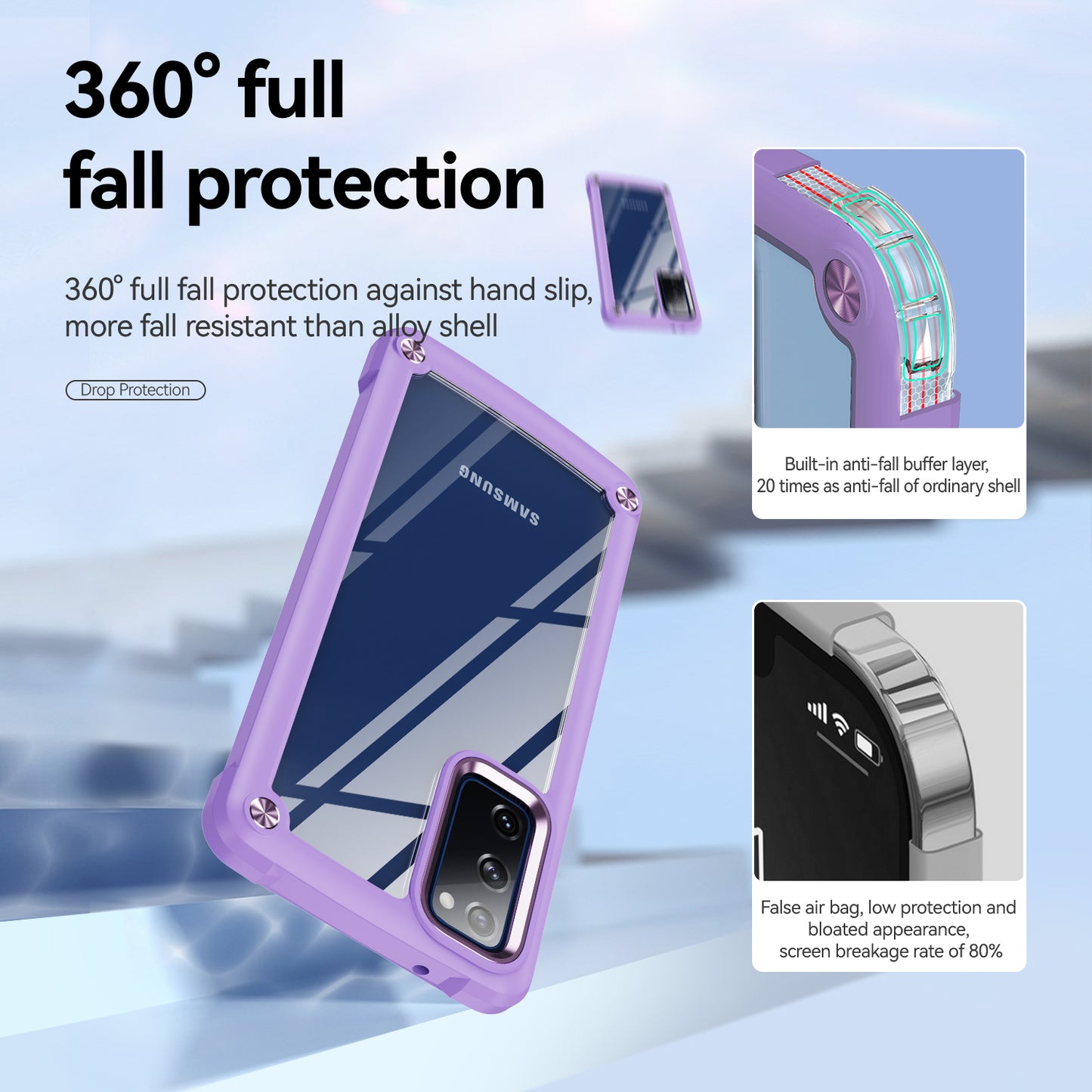 Shockproof Phone Case for Samsung Galaxy S20 FE 2022/S20 FE 4G/5G/S20 Lite, Full Body Protection PC+TPU Hybrid Phone Shell Case with Strap - Purple/Purple